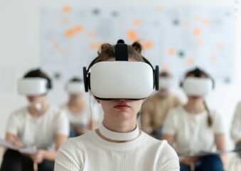 Poster - Diverse Group of Young Adults in AR/VR for Collaborative Learning and Virtual Brainstorming in Modern Classroom - Daytime, Engaged, Futuristic Education