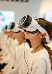 Aufkleber - Teenage Girls in Virtual Reality Headsets Engaged in Surreal Educational Adventure, Exploring Space and Underwater Worlds for Collaborative Learning during Daytime Classroom Setting
