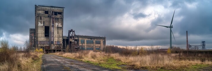 Poster - Old factories and abandoned coal mines contrast with modern wind turbines, highlighting the transition to renewable energy sources. Generative AI