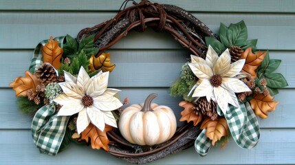 Wall Mural - A cute fall wreath with green and white gingham ribbon, pumpkins