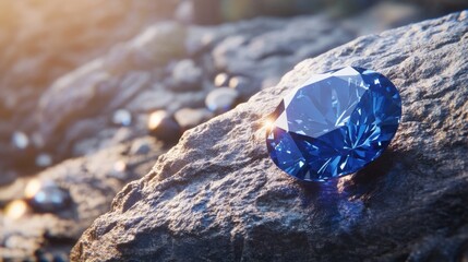 Wall Mural - A brilliant blue sapphire resting on a rugged rock surface, illuminated by soft, warm sunlight, highlighting its intricate facets and clarity.

