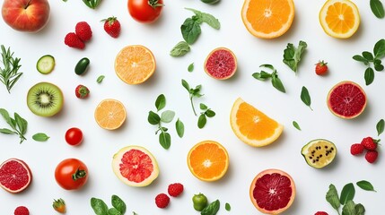 Sticker - Colorful arrangement of fresh fruits and herbs on a white background for healthy eating inspiration