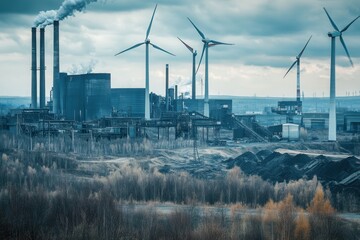 Poster - Wind turbines stand tall against a backdrop of abandoned coal mines and factories, symbolizing the shift to sustainable energy. Generative AI