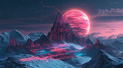 a surreal scene of a computer chip-formed mountain range, under a twilight sky with a large, glowing