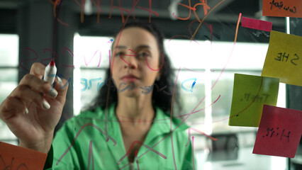 Portrait of smart professional hispanic businesswoman writes marketing ideas on glass board with colorful sticky notes. Young manager drawing mind map to analysis business plan. Closeup. Manipulator.