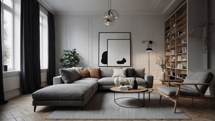 Scandinavian minimalist interior design D visualization with stylish furnishings.