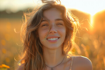 portrait of a girl under sunlight at sunset with hair flowing