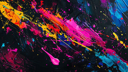 Wall Mural - An abstract background with splashes of bright, neon paint on a dark, textured surface, creating a bold, urban street-art aesthetic.