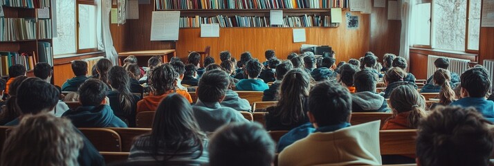 Poster - Students sit closely together in a crowded classroom with old books and materials, highlighting the struggle for educational resources. Generative AI
