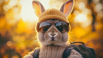 Cute Rabbit Wearing Sunglasses and Knit Hat in Autumn