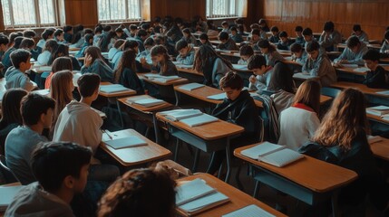 Poster - Students fill a crowded classroom, engaged in study with outdated materials, reflecting current educational challenges and dedication. Generative AI
