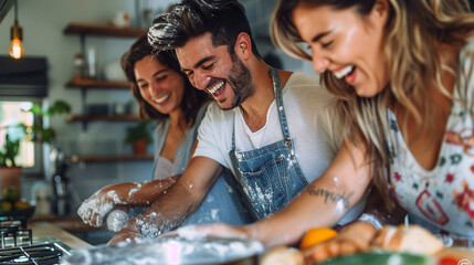 Couple laughing while cooking together - A married couple in the kitchen, playfully cooking a meal together, with flour on their faces and smiles as they share a fun moment.