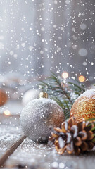 Christmas ornaments on snowy pine branches with festive bokeh background