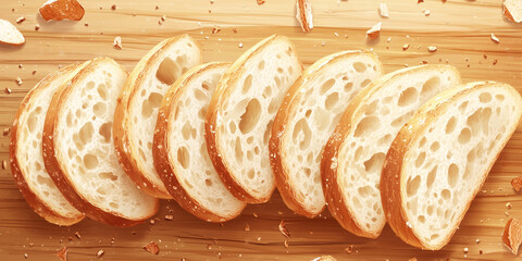 Wall Mural - Close-up of ciabatta slices on cutting board with crumbs scattered