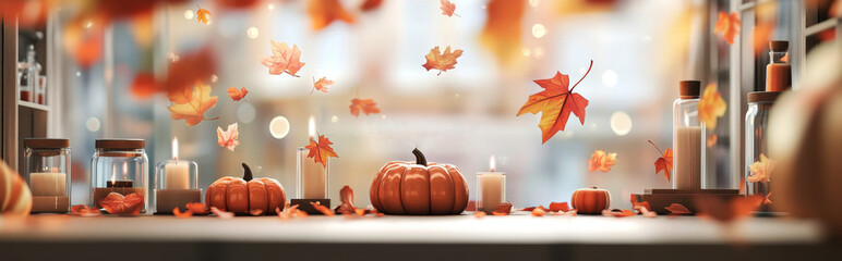 Autumn leaves, pumpkins, pies and orange hues on light background