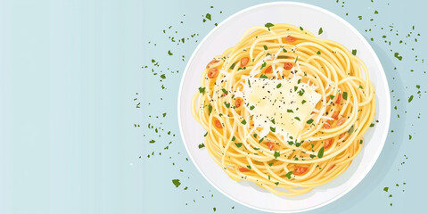 Wall Mural - Spaghetti carbonara with grated cheese and herbs on a plain round plate