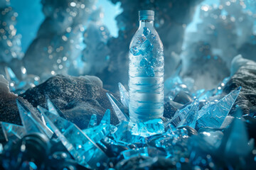 Mineral water bottle surrounded by vivid ice crystals, creating refreshing and captivating scene of purity and benefits of water, evoking feelings of freshness and clarity