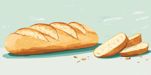 Wall Mural - Whole baguette on flat surface with slices arranged next to it