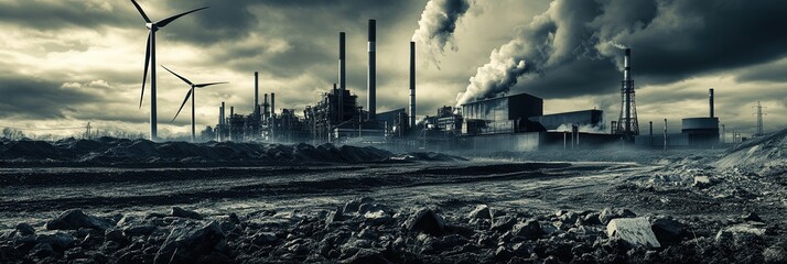 Poster - Closed coal mines and wind turbines contrast with aging factories, highlighting the shift towards sustainable energy practices. Generative AI