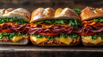 Wall Mural - A top-down view of a stack of sub sandwiches filled with layers of deli meats, cheeses, and fresh veggies, neatly arranged on a rustic wooden table,