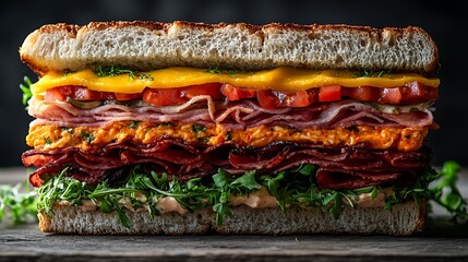 A top-down view of a stack of sub sandwiches filled with layers of deli meats, cheeses, and fresh veggies, neatly arranged on a rustic wooden table,