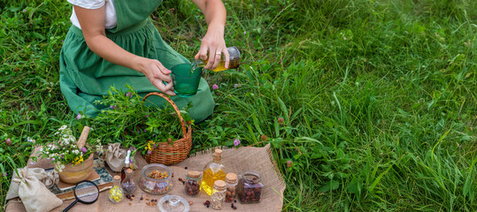 Wall Mural - woman and herbal tinctures, tea, medicinal herbs.