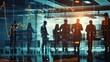 © Yuliia - Business team silhouettes against glass wall with financial data visualization, modern corporate office interior showing market analysis and teamwork.