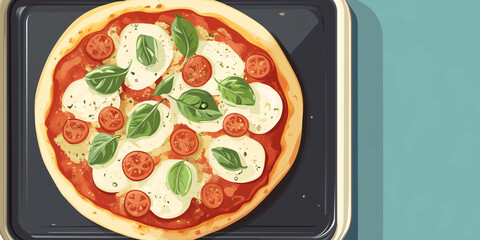 Poster - Margherita pizza on a baking tray with neatly arranged toppings