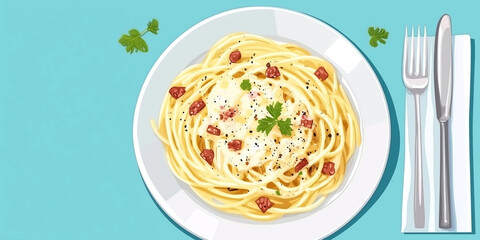 Poster - Plate of spaghetti carbonara with creamy sauce, sprinkled with grated cheese