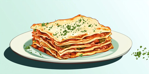 Wall Mural - Portion of lasagna with visible layers, garnished with fresh herbs, on a simple, round plate