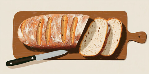 Wall Mural - Sliced ciabatta loaf on a flat surface with a knife nearby