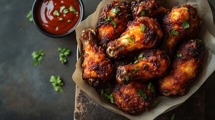 Wall Mural - A basket of crispy fried chicken drumsticks and wings, served with a variety of dipping sauces on a rustic wooden table, photographed from above,