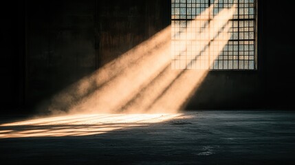 Golden light floods through a large window, casting long shadows and illuminating the dust particles in an abandoned room, creating a warm and contemplative atmosphere.