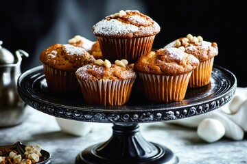 Wall Mural - freshly baked muffins with powdered sugar on a black cake stand