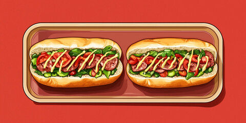 Wall Mural - Two Italian subs neatly arranged on a tray, each filled with meat, cheese, and vegetables