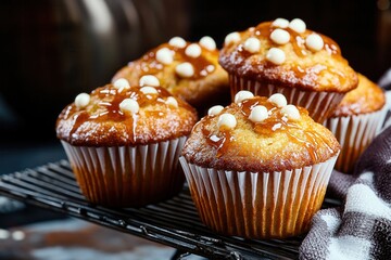 Wall Mural - caramel drizzle muffins with white chocolate chips on cooling rack