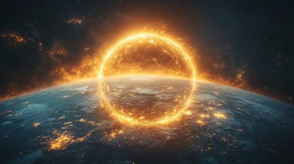 A radiant circle of light encompasses the Earth, highlighting cosmic energy and beauty