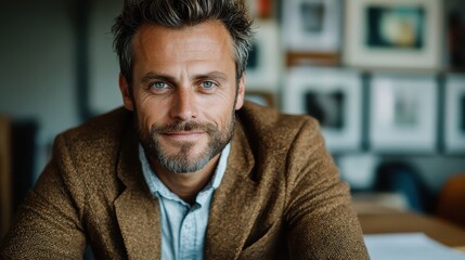 A smiling man with vivid blue eyes sits confidently with gentle demeanor, sporting a grey shirt and a tan jacket, indoors with a blurred backdrop of framed pictures.