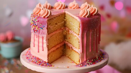 The cake is split in two and pink icing and vibrant glitter surround it