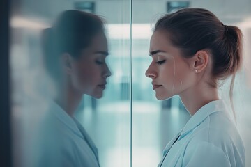 Young female doctor standing by a glass wall, deep in thought, reflecting on the challenges of her medical career.

