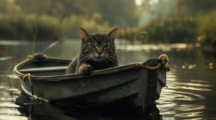 Wall Mural - The cat travels along the stream in a chic boat