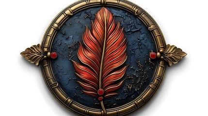 Wall Mural - A red feather in a round gold frame with a blue background.