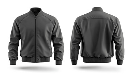 Grey zip-up jacket mockup, front and back view, isolated on white