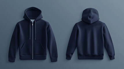 Navy blue zip-up hoodie mockup front and back view