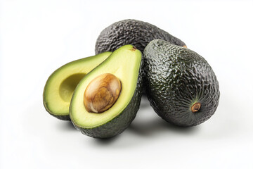 Fresh pile of avocado with avocado cutting isolated on white background, Close up shot rough avocado peel and avocado with avocado seed.	
