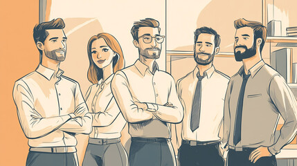 Drawing sketch of business co workers in office, concept of collaboration and teamwork