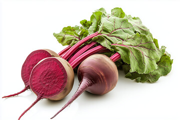 Wall Mural - Bunch of red radish isolated on white background, Close up shot beetroot bulb, Fresh harvest radish with cutting radish.	