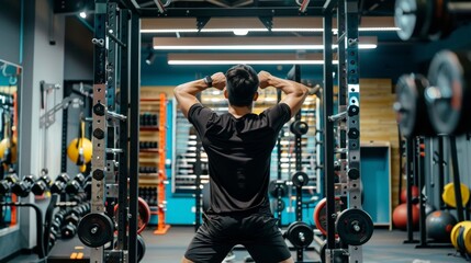 Man lifting weights in a modern gym with various equipment in the background