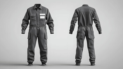 Wall Mural - Grey janitor uniform mockup with coveralls and name badge on simple background