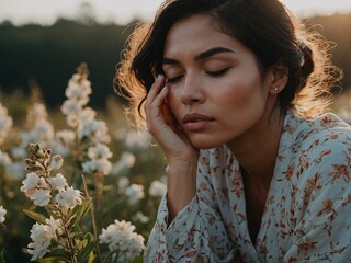 Wall Mural - Serene self-care moment with a woman gently touching her face amidst soft floral elements.